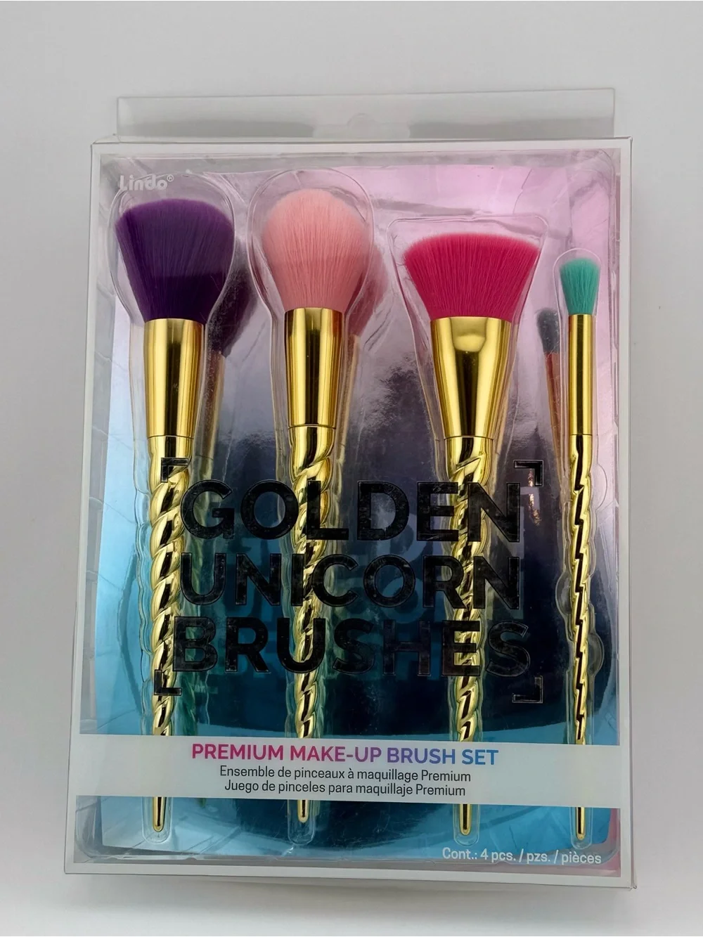 Lindo Golden Unicorn Brushes Premium Makeup Brush Set of 4. New in Box